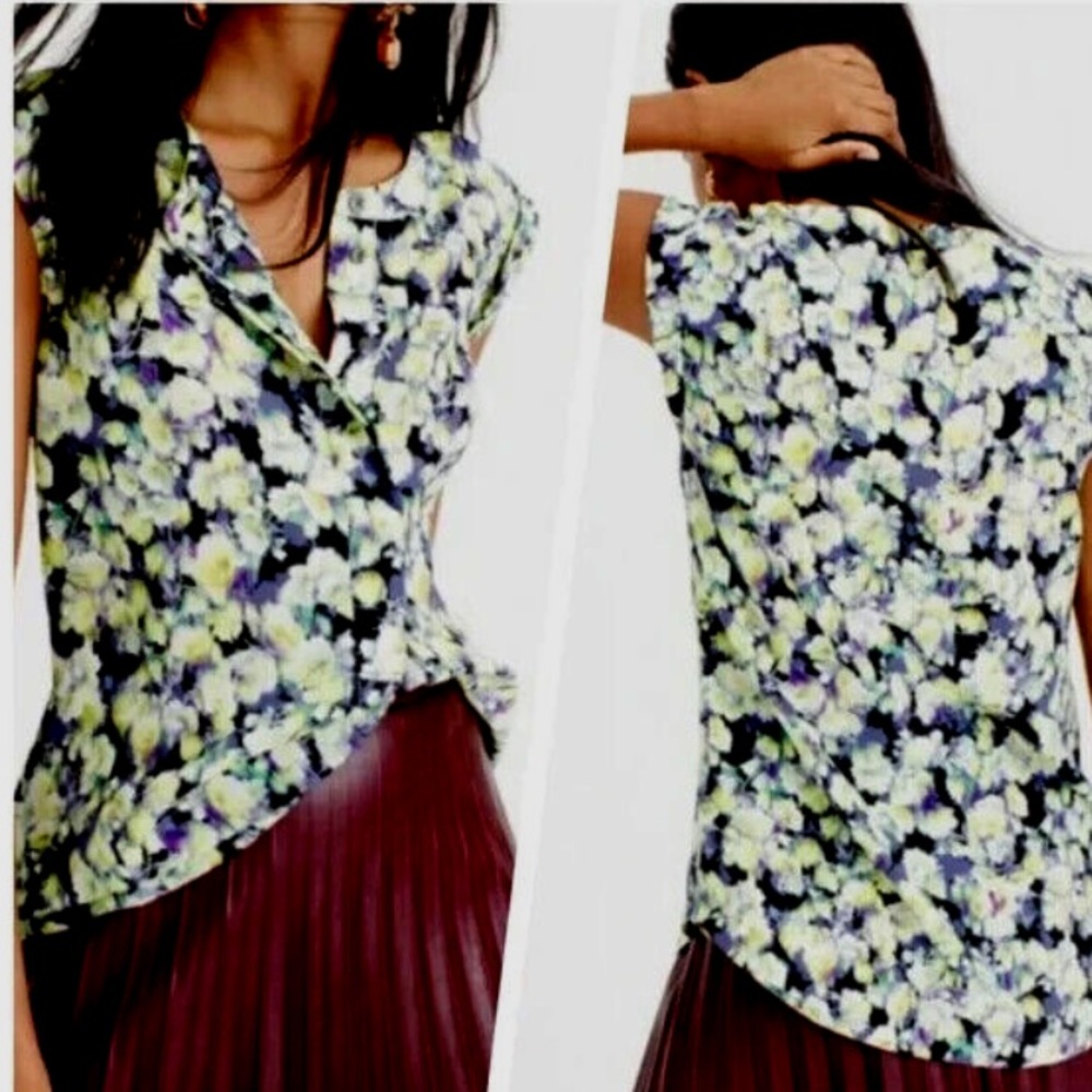 J. Crew SILK Floral Watercolor Cap-Sleeve Button Popover Violet Resort Luxury
